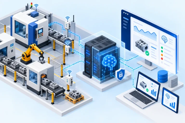 Linea di produzione interconnessa collegata a un server AI privato e protetto, con dashboard su PC, laptop e tablet