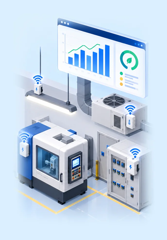 Macchina, quadro elettrico, illuminazione e climatizzazione con sensori di consumo e dashboard energetica