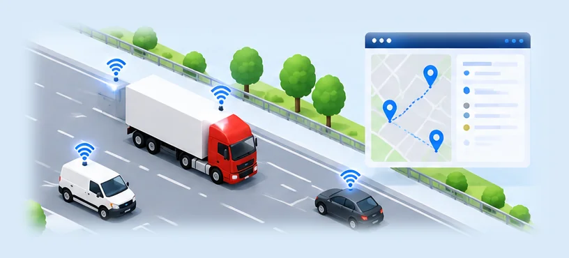 Camion e mezzi tracciati su strada con posizione su mappa