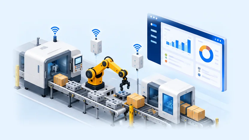 Linea di produzione con robot e sensori collegati a una dashboard di analisi dei dati