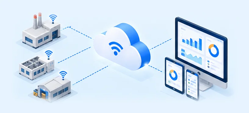 Sedi e stabilimenti collegati alla piattaforma cloud con dashboard su PC, tablet e smartphone