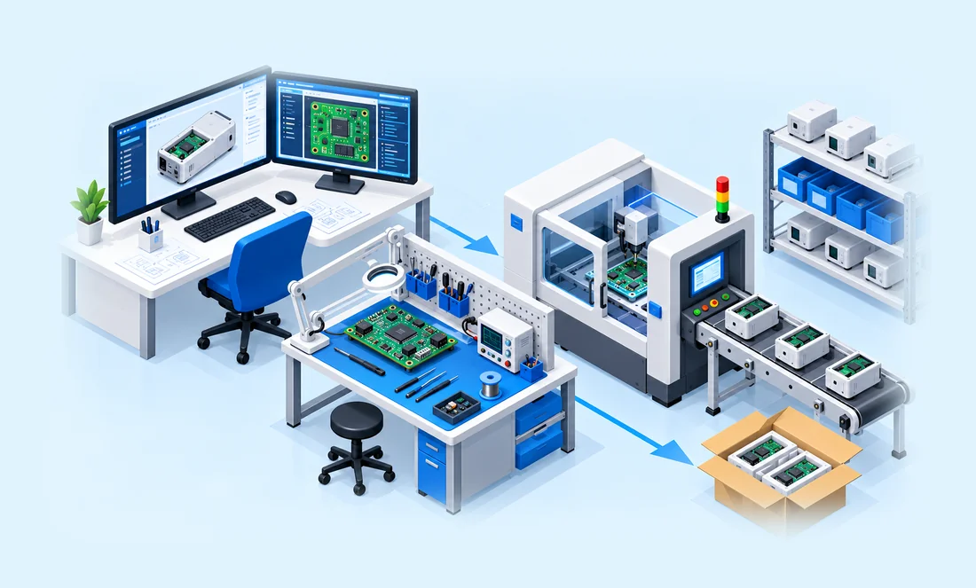 Dalla progettazione hardware e firmware al banco di prova, fino alla produzione e al confezionamento dei dispositivi elettronici